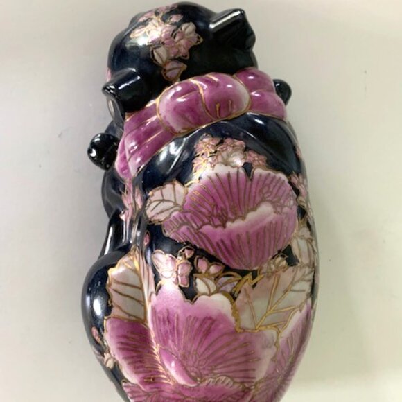 Vintage Chinoiserie Black Floral Sleeping Cat Figurine - Picture 6 of 7